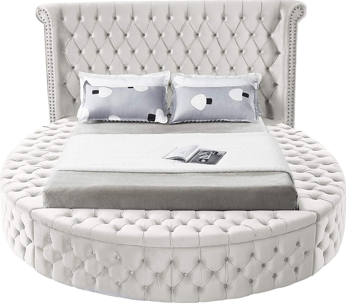 SAMMIE Cream Velvet Round Platform Bed with Storage Benches with USB