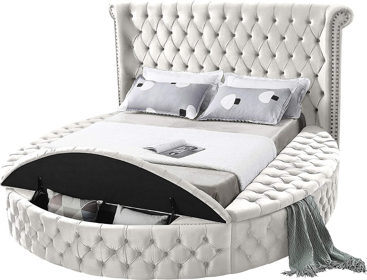 SAMMIE Cream Velvet Round Platform Bed with Storage Benches with USB