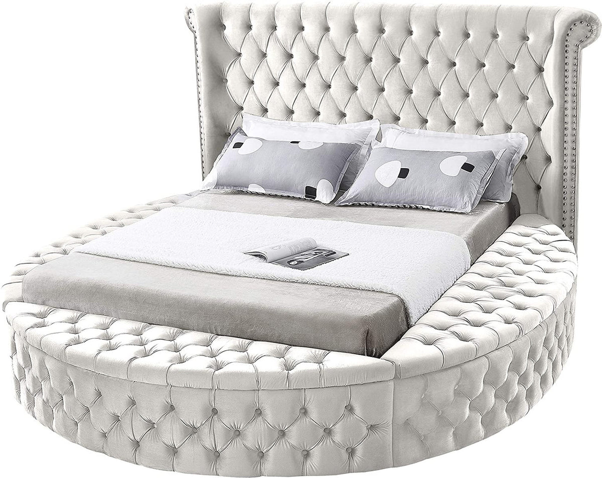 SAMMIE Cream Velvet Round Platform Bed with Storage Benches with USB