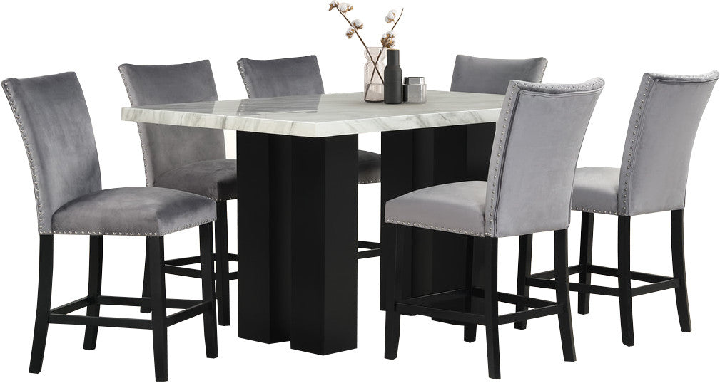 SARAJEVO Gray 7 Piece Faux Marble Rectangular Counter Height Set