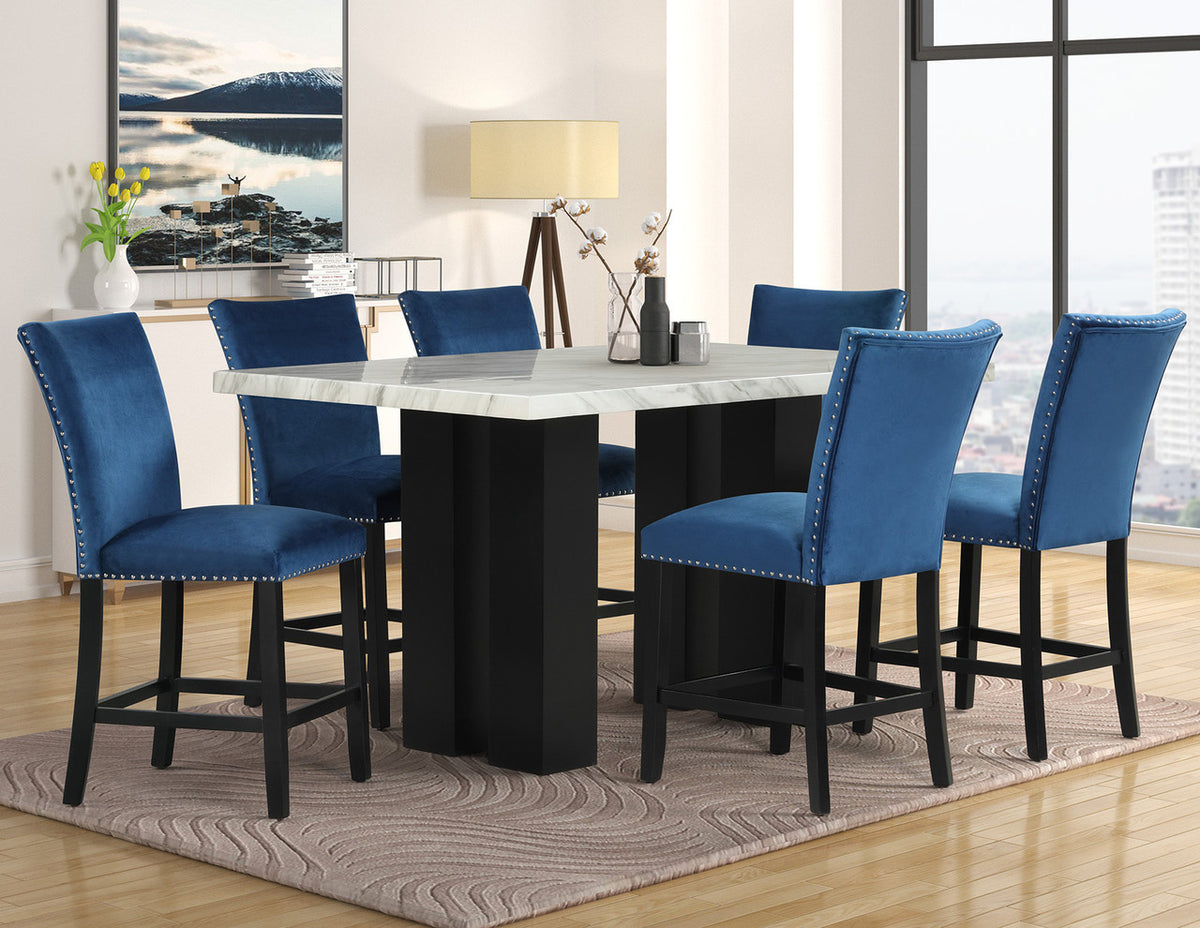SARAJEVO Blue 7 Piece Faux Marble Rectangular Counter Height Set