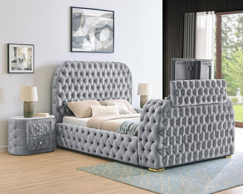 SINGAPORE Gray Velvet 59" Height Platform Bed with Fireplace and Lift-Up TV Mount
