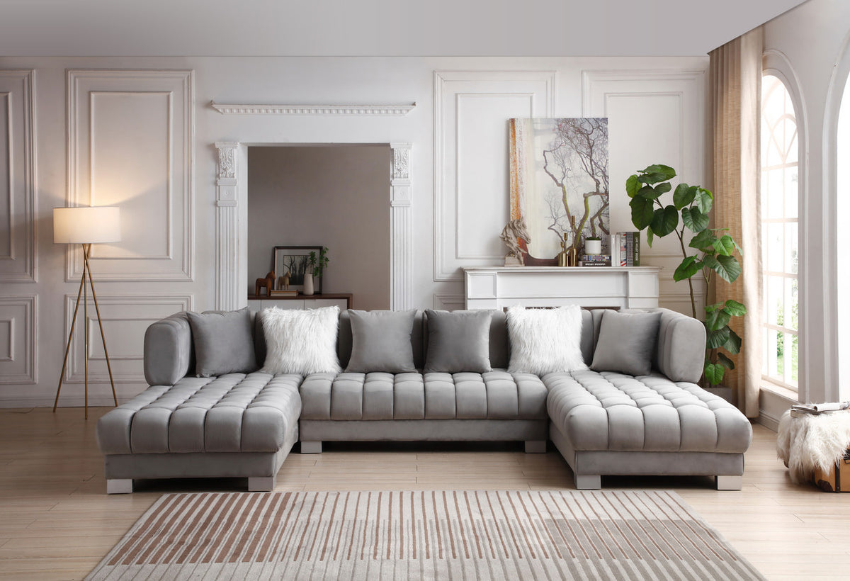 STARWIND Gray Velvet 141" Wide Double Chaise Sectional