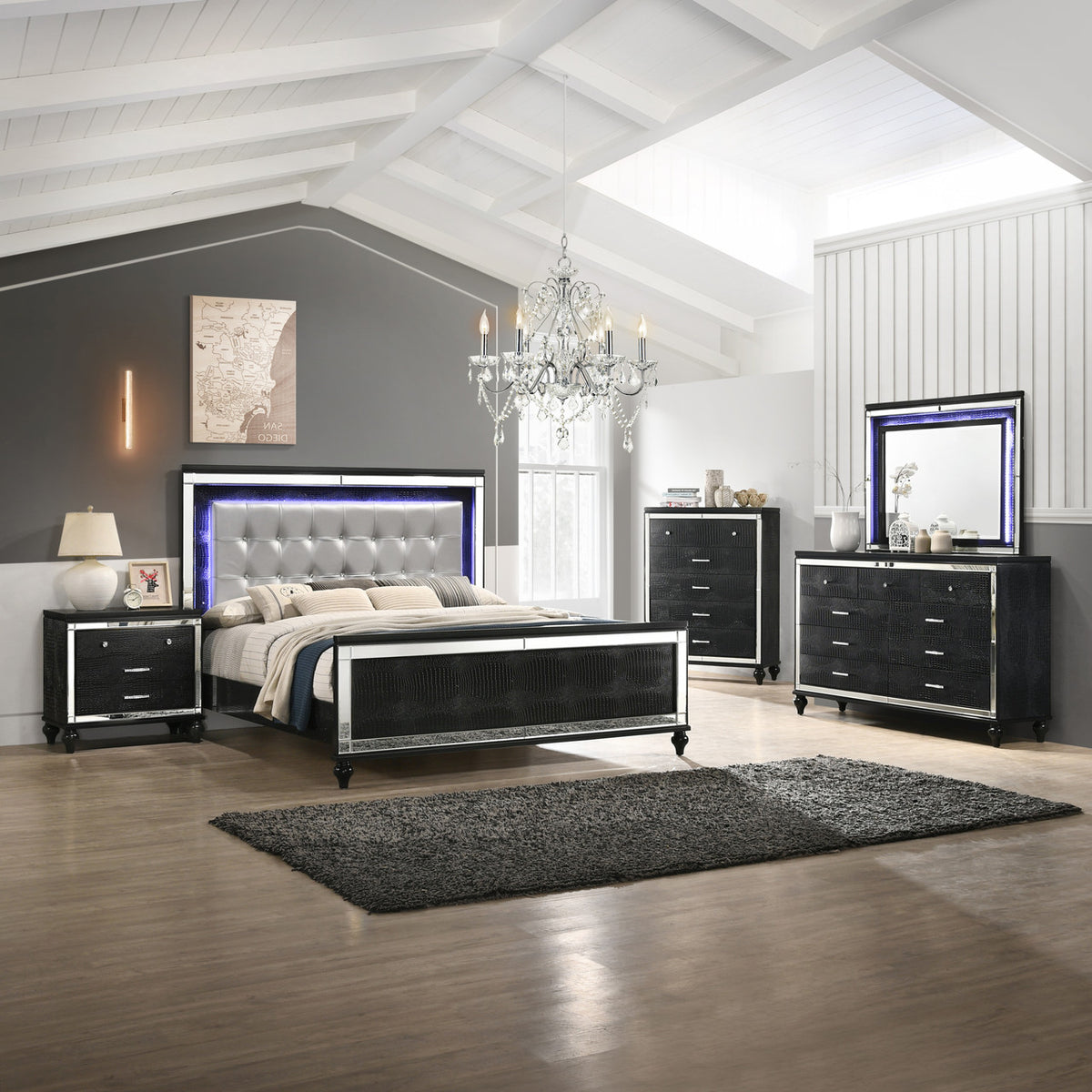 STRADA Black Alligator Texture & Mirror Bedroom Set with LED's