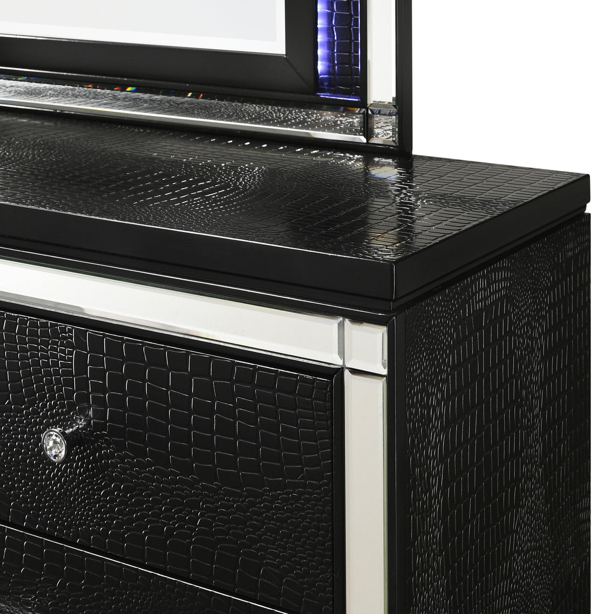 STRADA Black Alligator Texture 67" Wide Dresser & Mirror with LED's