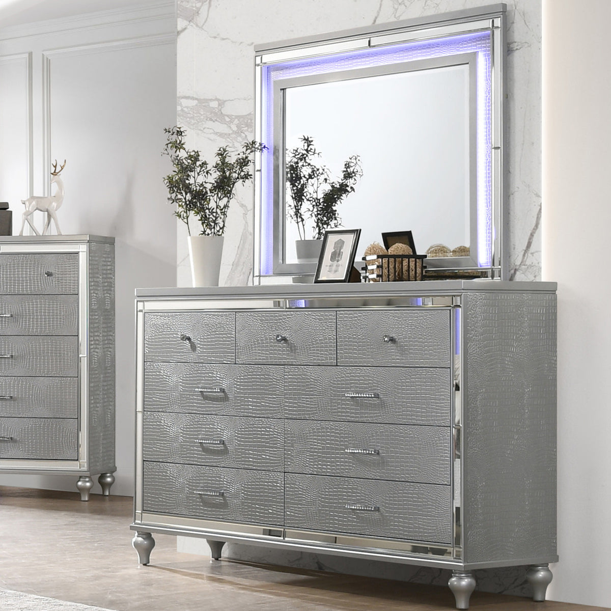 STRADA Silver Alligator Texture 67" Wide Dresser & Mirror with LED's