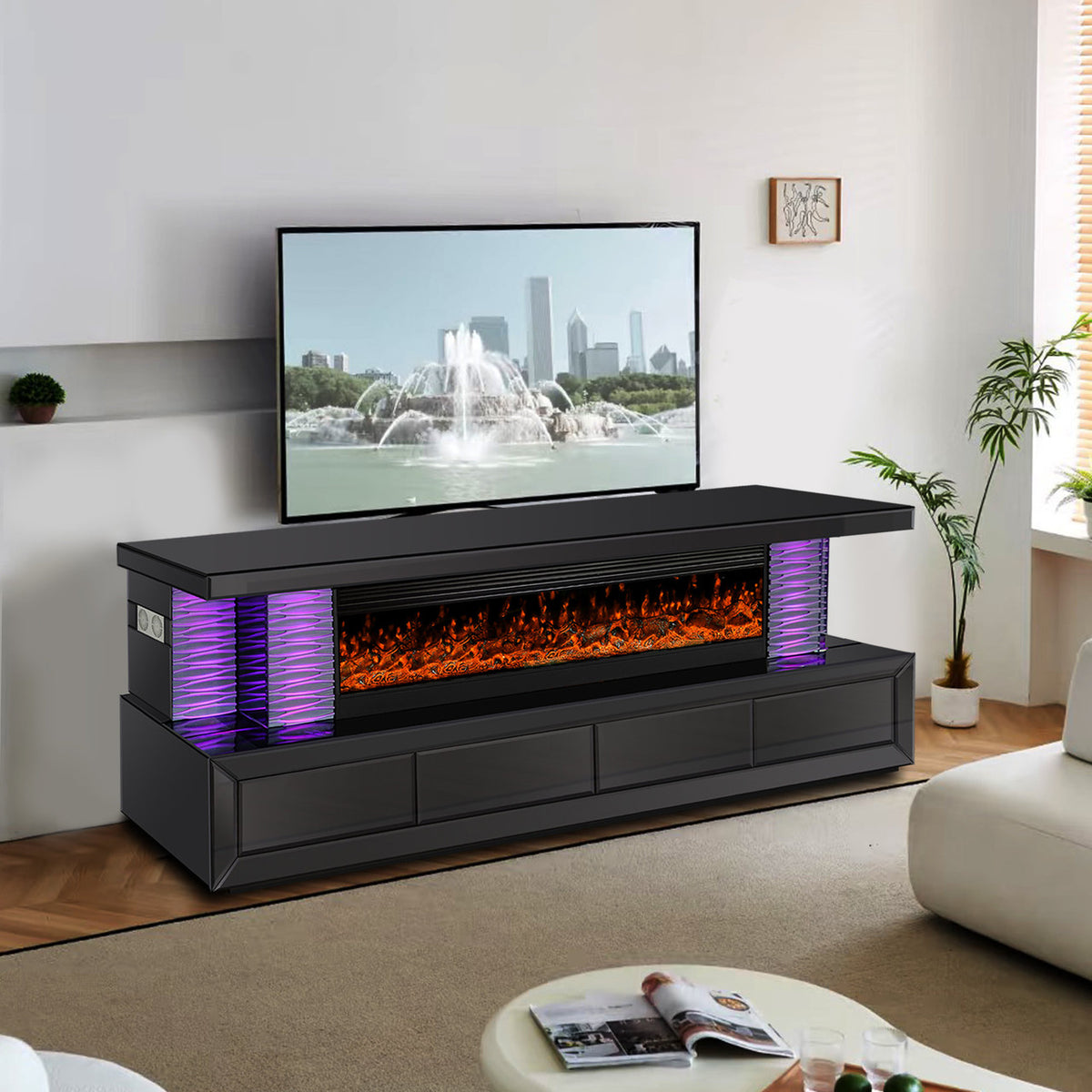 TERAMO Black 71" Wide x 28" Height TV Stand with Fireplace & Bluetooth Speakers