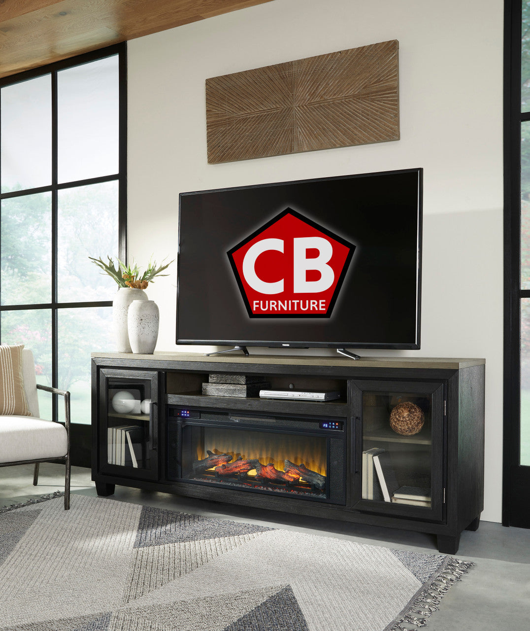 TOLAR Black 83" Wide x 33" Height TV Stand with Fireplace & Bluetooth Speakers