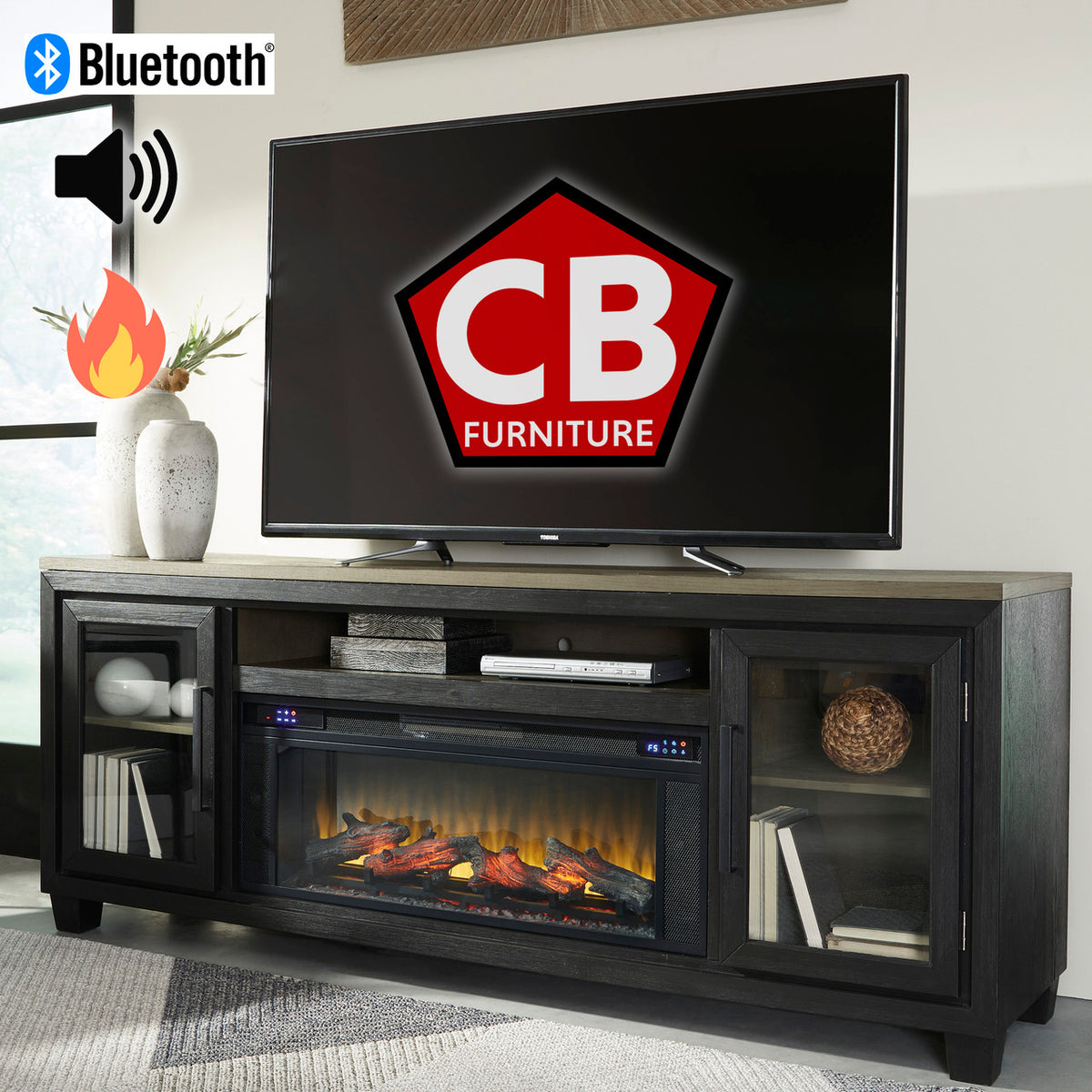 TOLAR Black 83" Wide x 33" Height TV Stand with Fireplace & Bluetooth Speakers