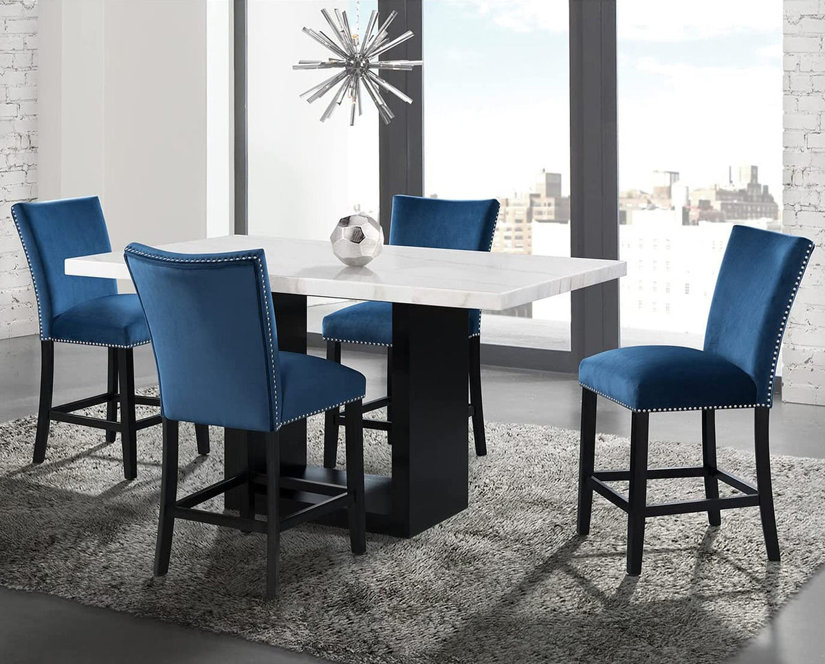 VALERY White Marble Table & Blue Velvet Chairs 5-Piece Counter Height Set