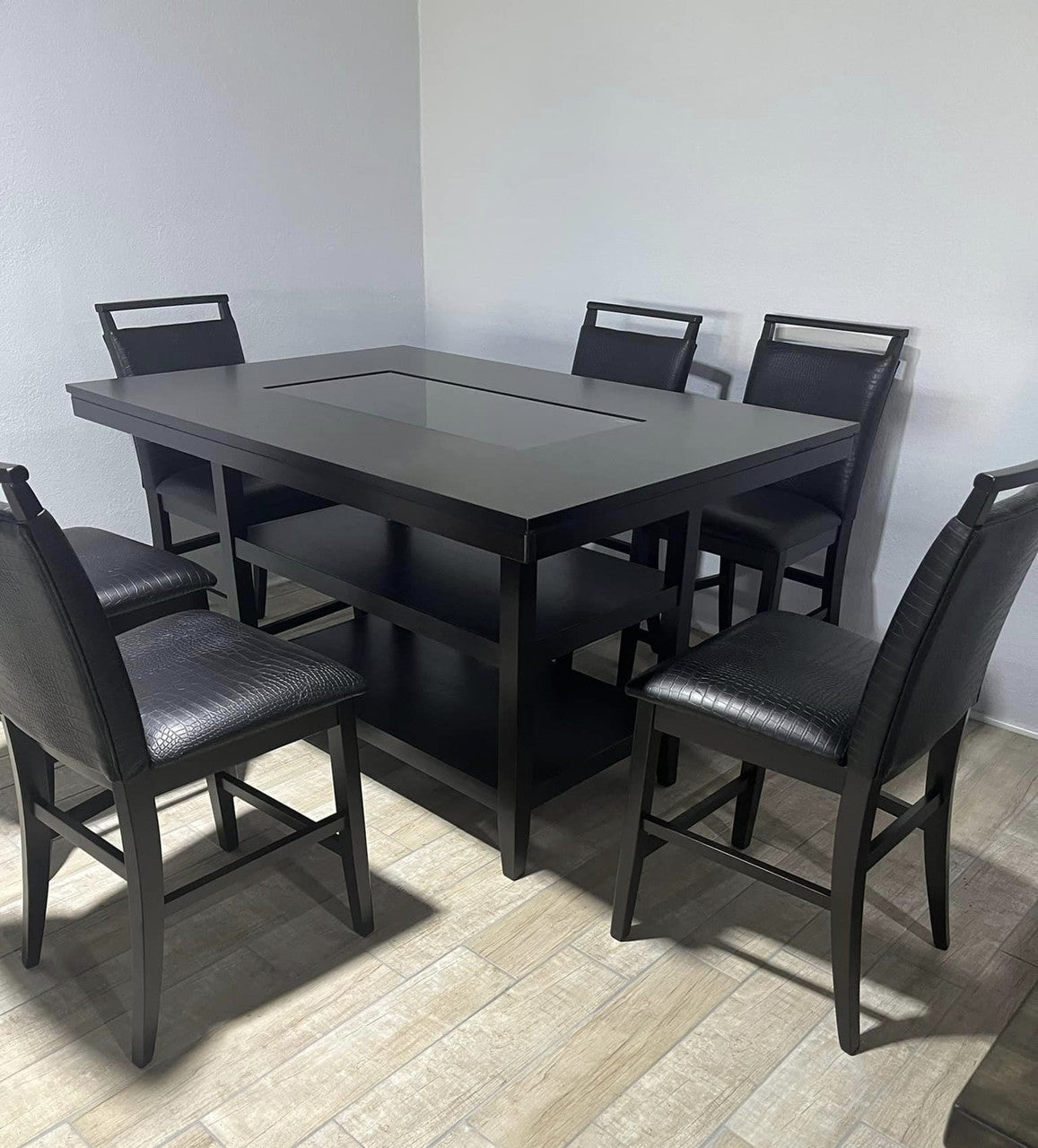 VEILAND Black & Espresso 7 Piece Rectangular Counter Height Set with Faux Crocodile Leather