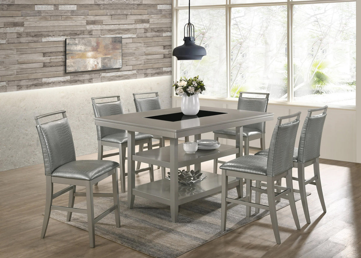 VEILAND Silver 7 Piece Rectangular Counter Height Set with Faux Crocodile Leather