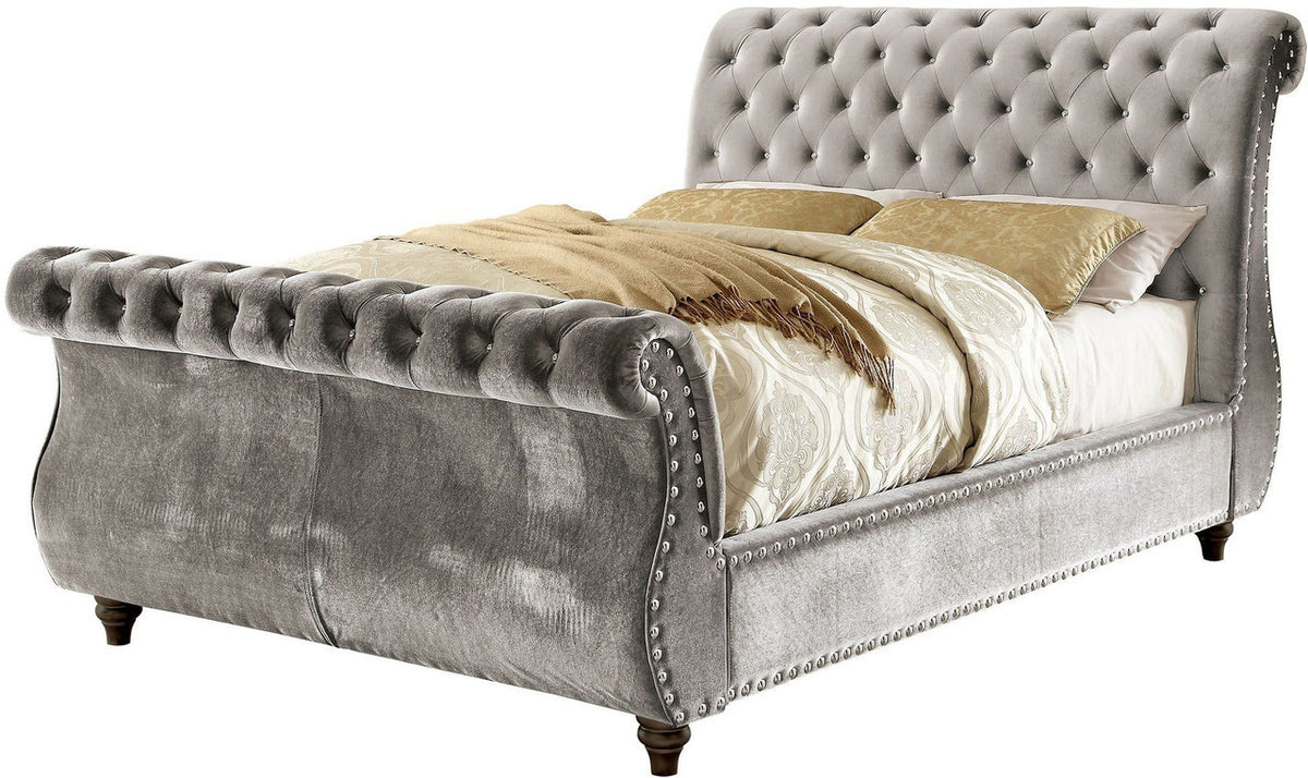 VELART Silver Velvet Sleigh Platform Bed