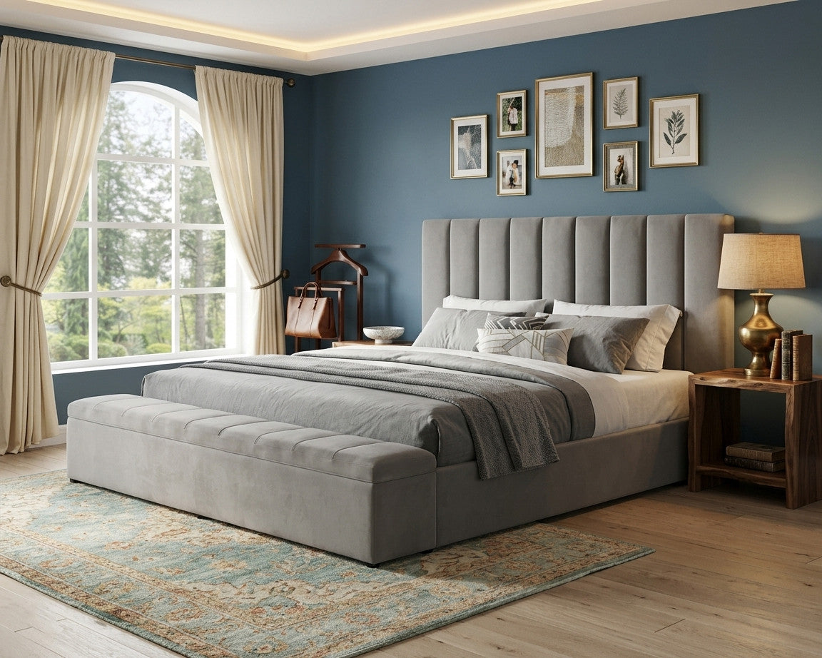 VEREMA Gray Velvet 61" Height Platform Bed with Storage Benches