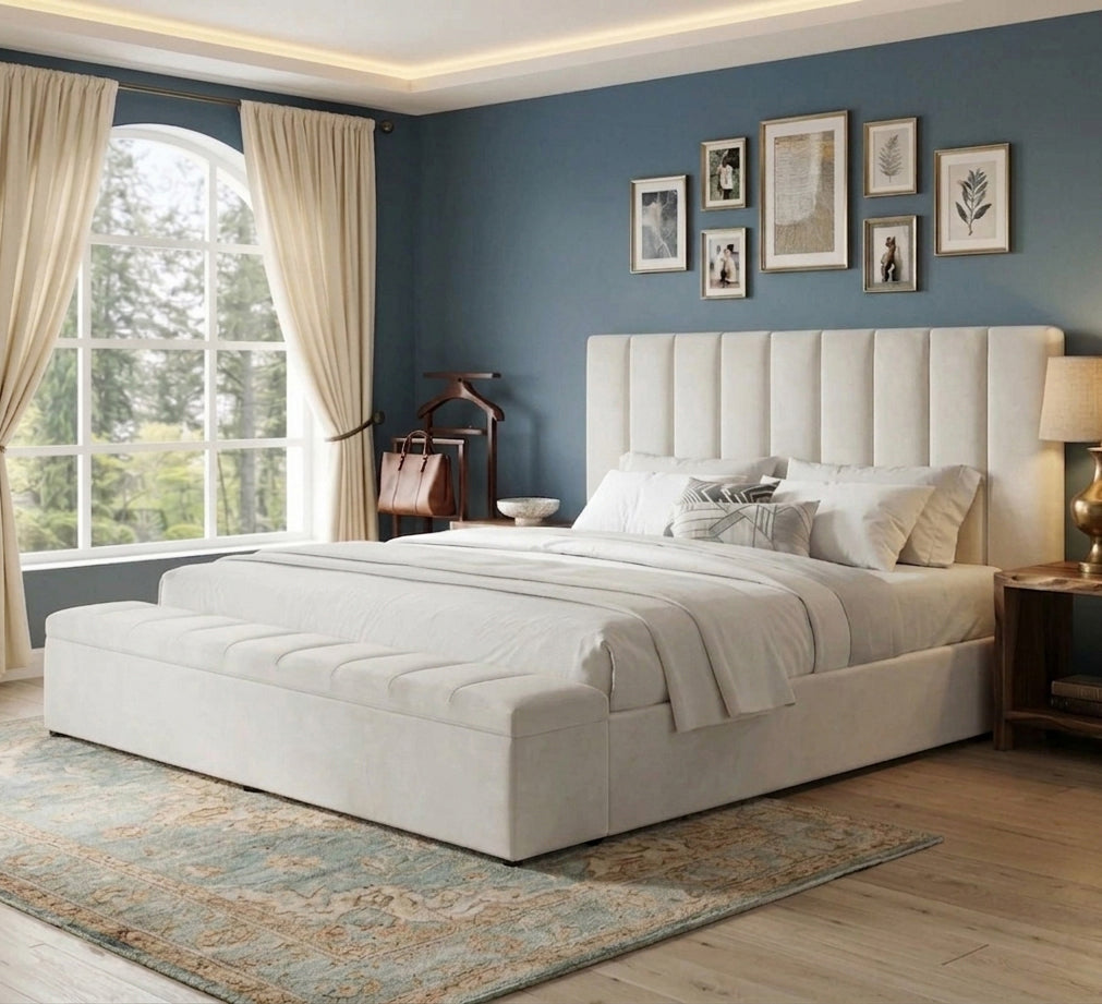 VEREMA Cream Velvet 61" Height Platform Bed with Storage Benches