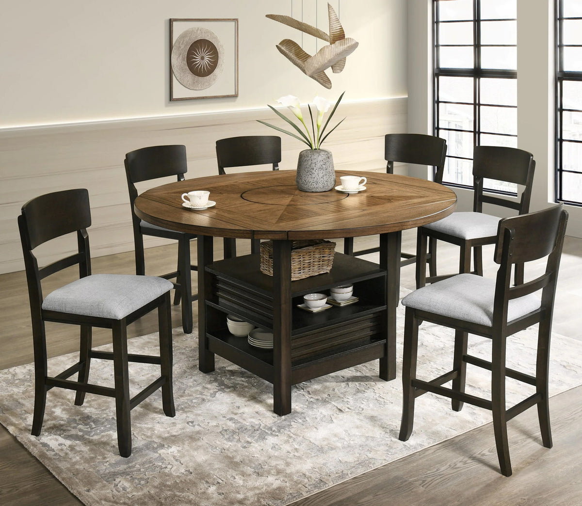 VERNON 7 Piece Round to Square Counter Height Set with Lazy-Susan
