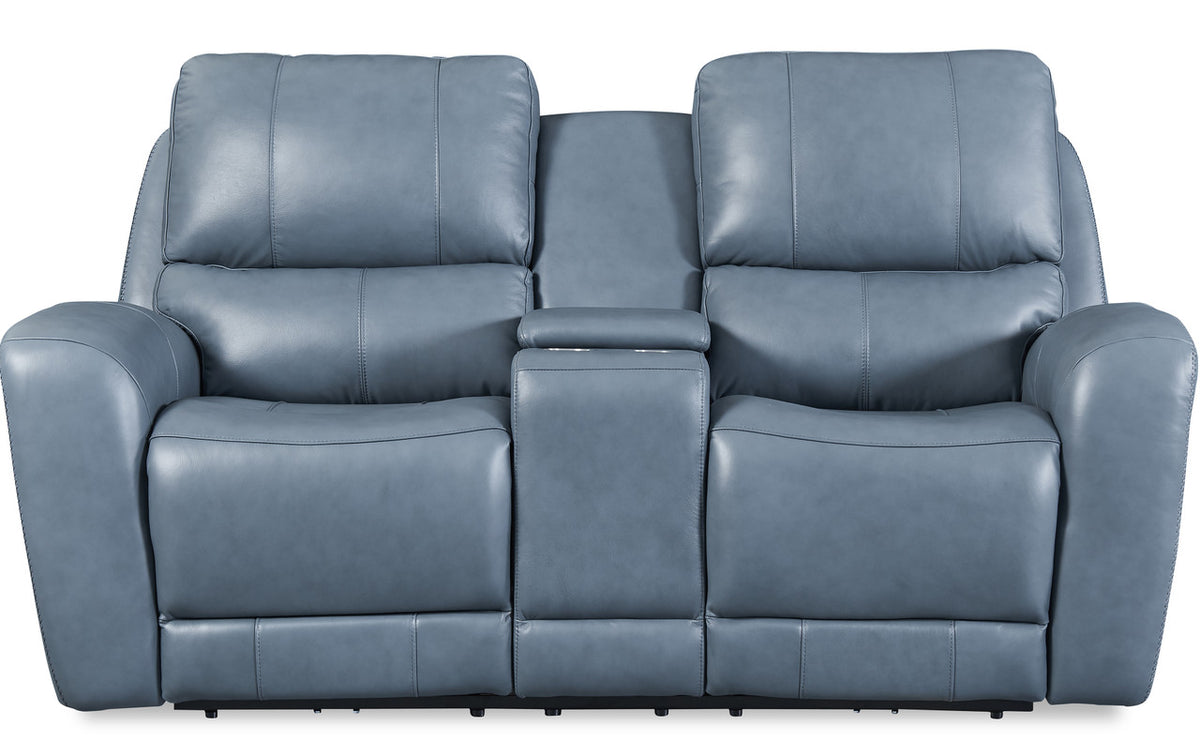 VINOVO Blue 100% Top-Grain Leather Power Reclining Livingroom with Adjustable Headrests