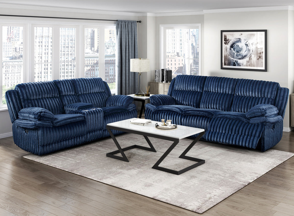 VINZE Blue Wide Corduroy Powered Reclining Sofa & Loveseat
