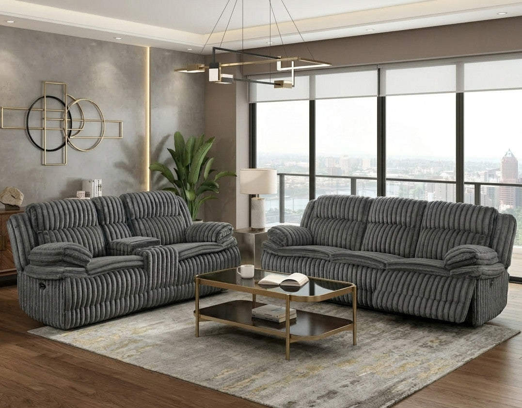 VINZE Dark Gray Wide Corduroy Powered Reclining Sofa & Loveseat