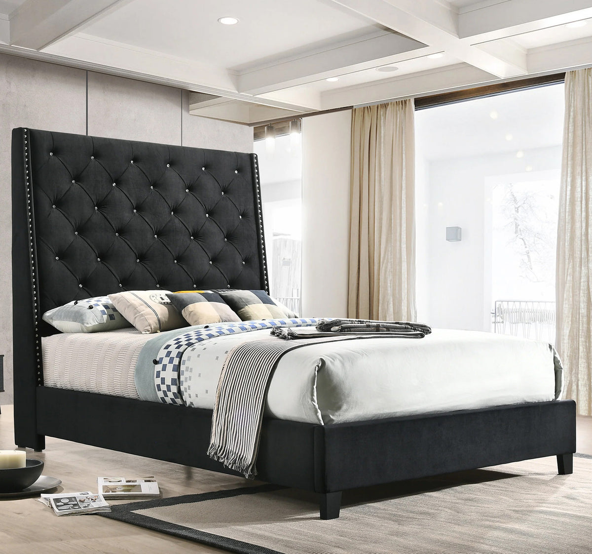 VIVETTE Black Velvet 67" Tall Bed