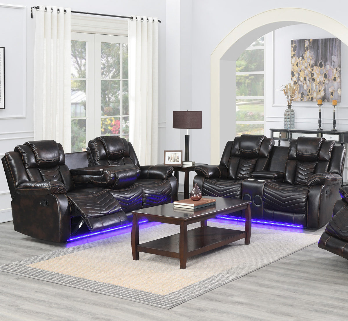 VIVO Brown 3 Piece Livingroom with Bluetooth Speakers & LED Lighting