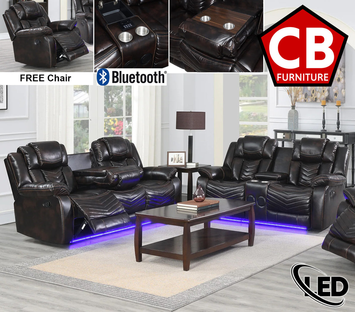 VIVO Brown 3 Piece Livingroom with Bluetooth Speakers & LED Lighting