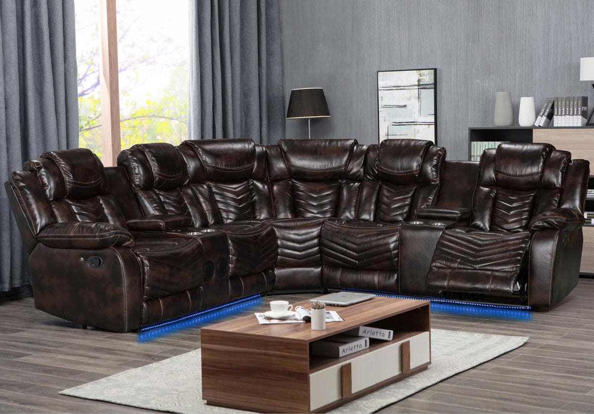VIVO Brown 100" x 100" Reclining Sectional with Speakers