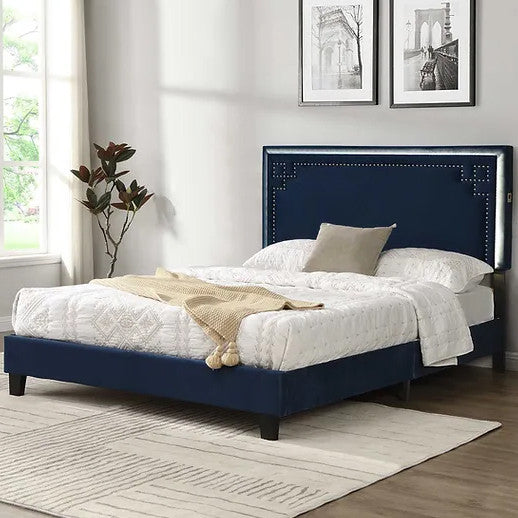 VOLOS Blue Velvet Bed with LED Glow