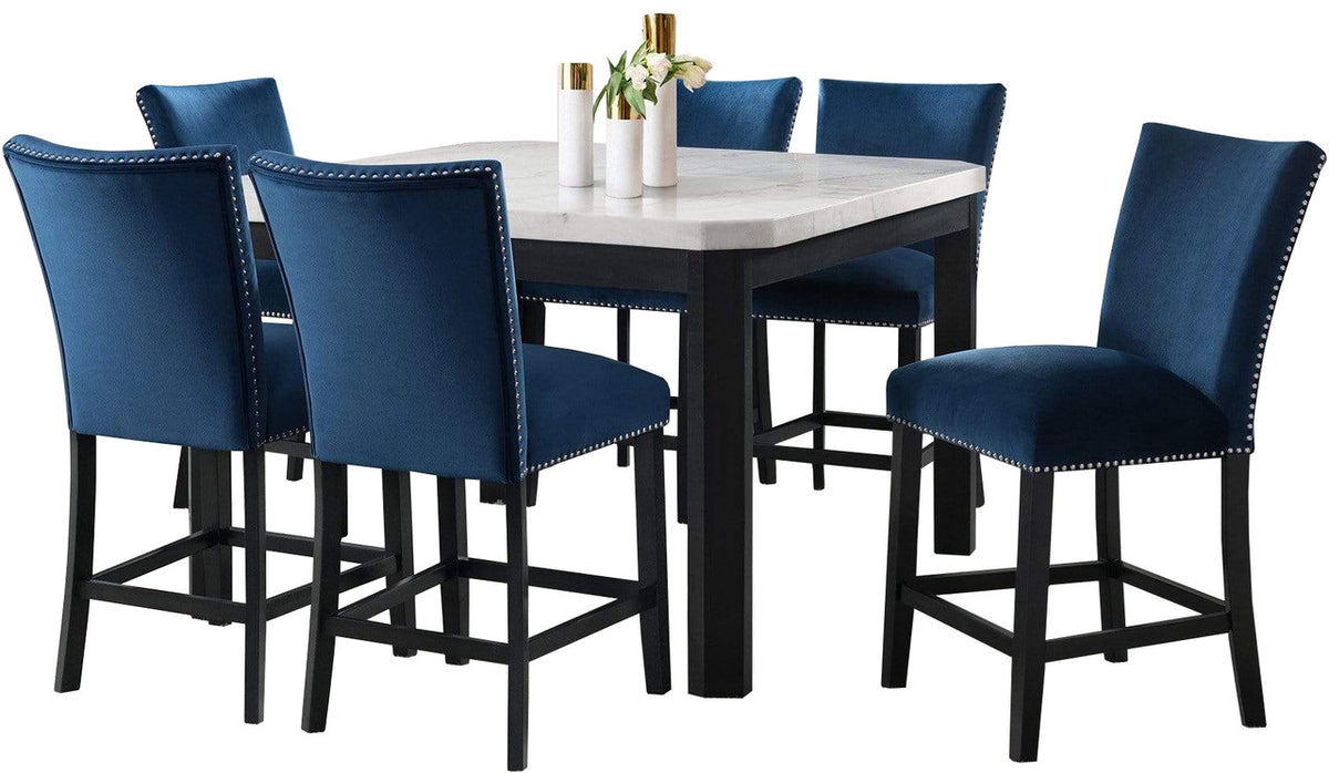 MARLENA White & Blue 7 Piece Squared Counter Height Set