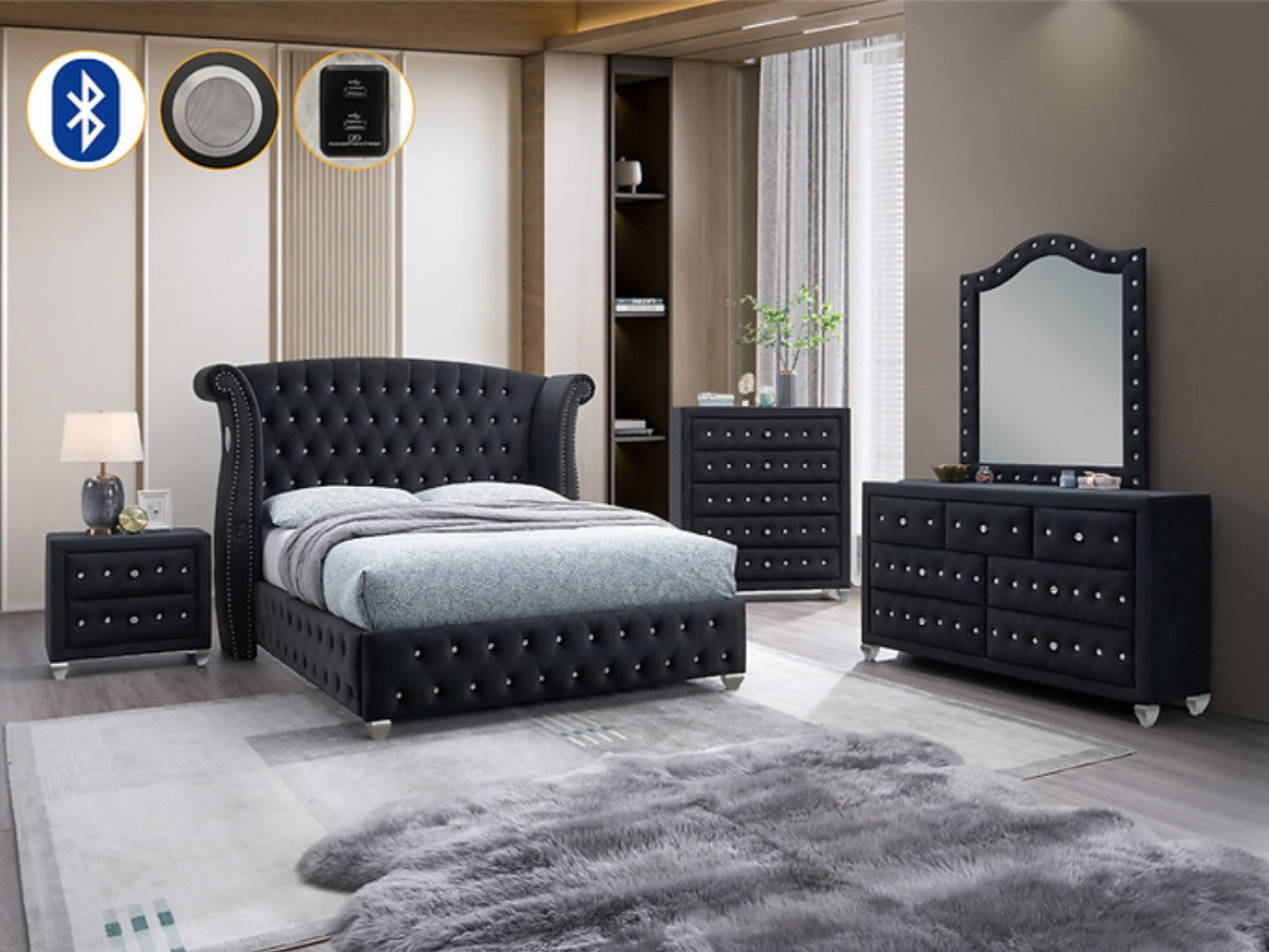 ALYONA Black Velvet Bedroom Set with Armrest Bed