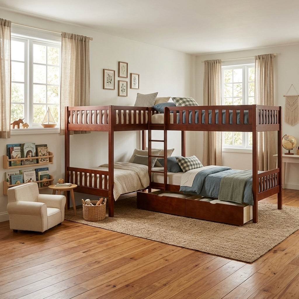WILBUR Cherry 120" x 80" FOUR Bed Corner Bunk Bed with Drawers
