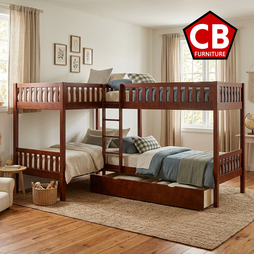WILBUR Cherry 120" x 80" FOUR Bed Corner Bunk Bed with Drawers
