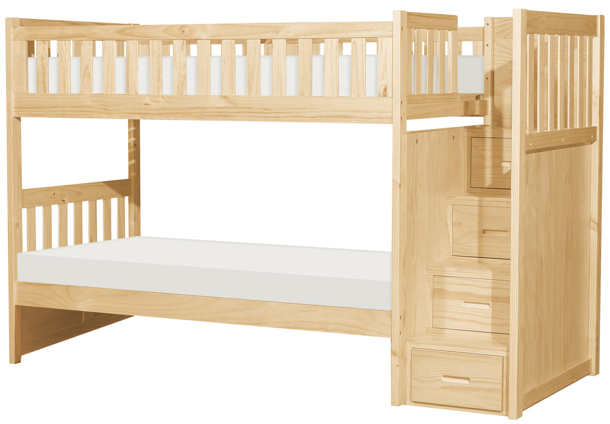 WILSON Natural Pine 97" Wide by 63" Height Twin Over Twin Stairway Bunkbed