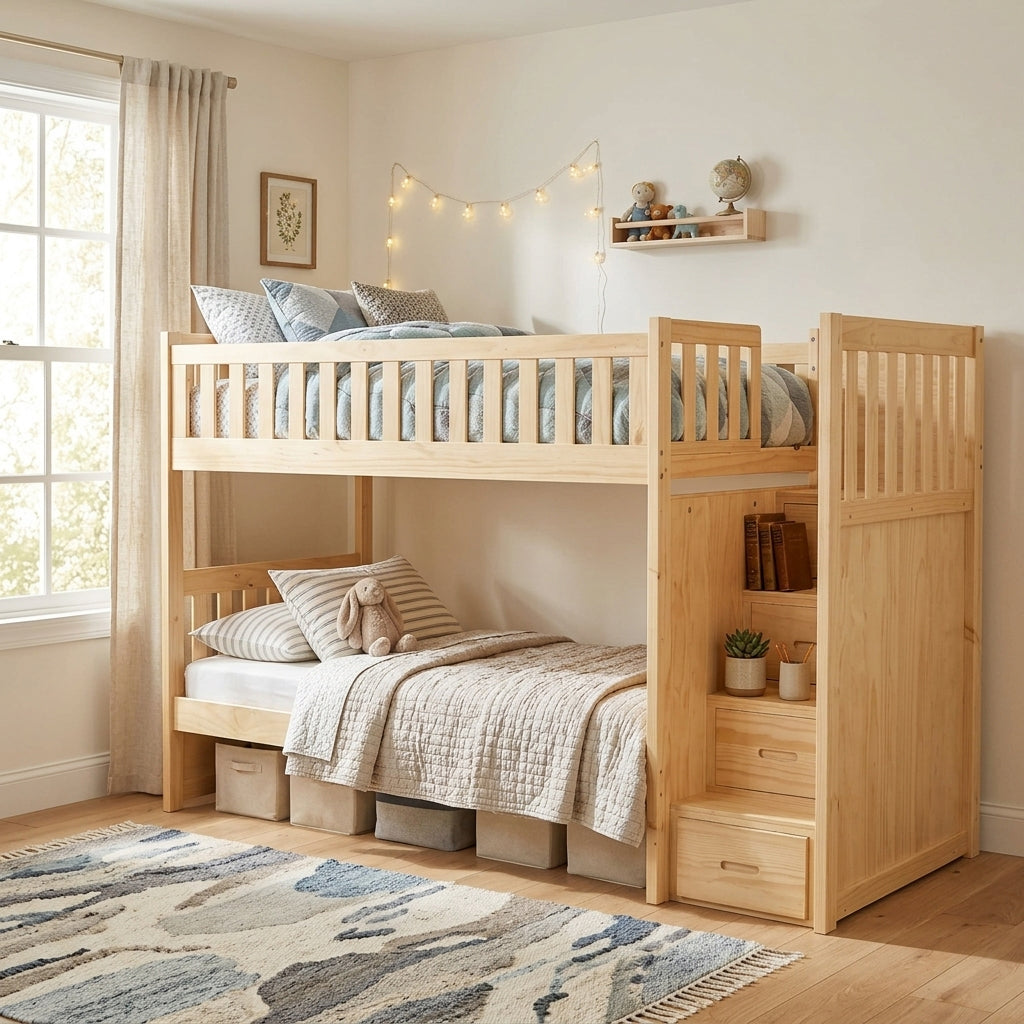 WILSON Natural Pine 97" Wide by 63" Height Twin Over Twin Stairway Bunkbed