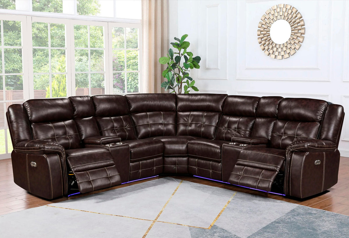 WINDCREST Brown 115" Wide Power Reclining Sectional with LED's