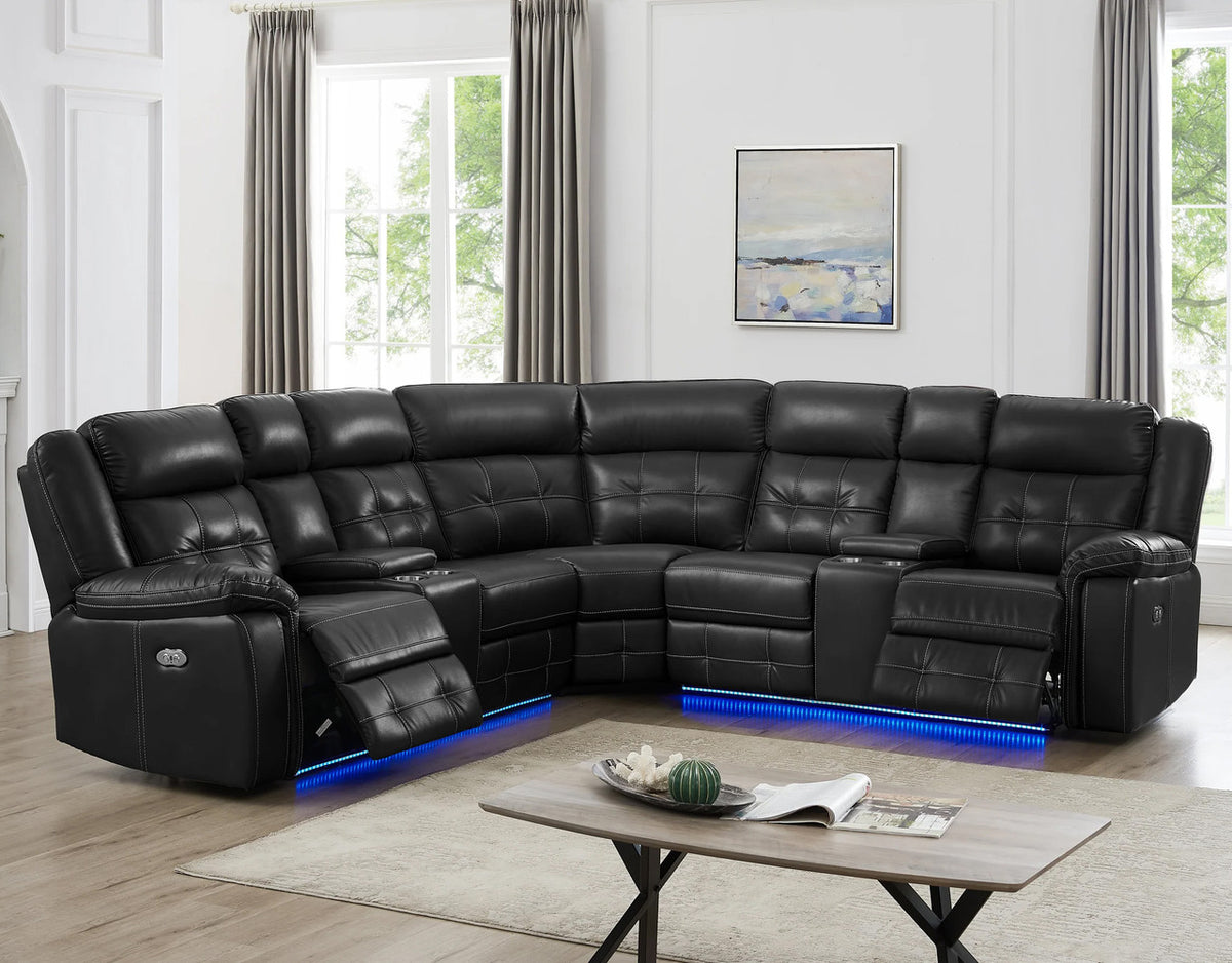 WINDCREST Black 115" Wide Power Reclining Sectional with LED's