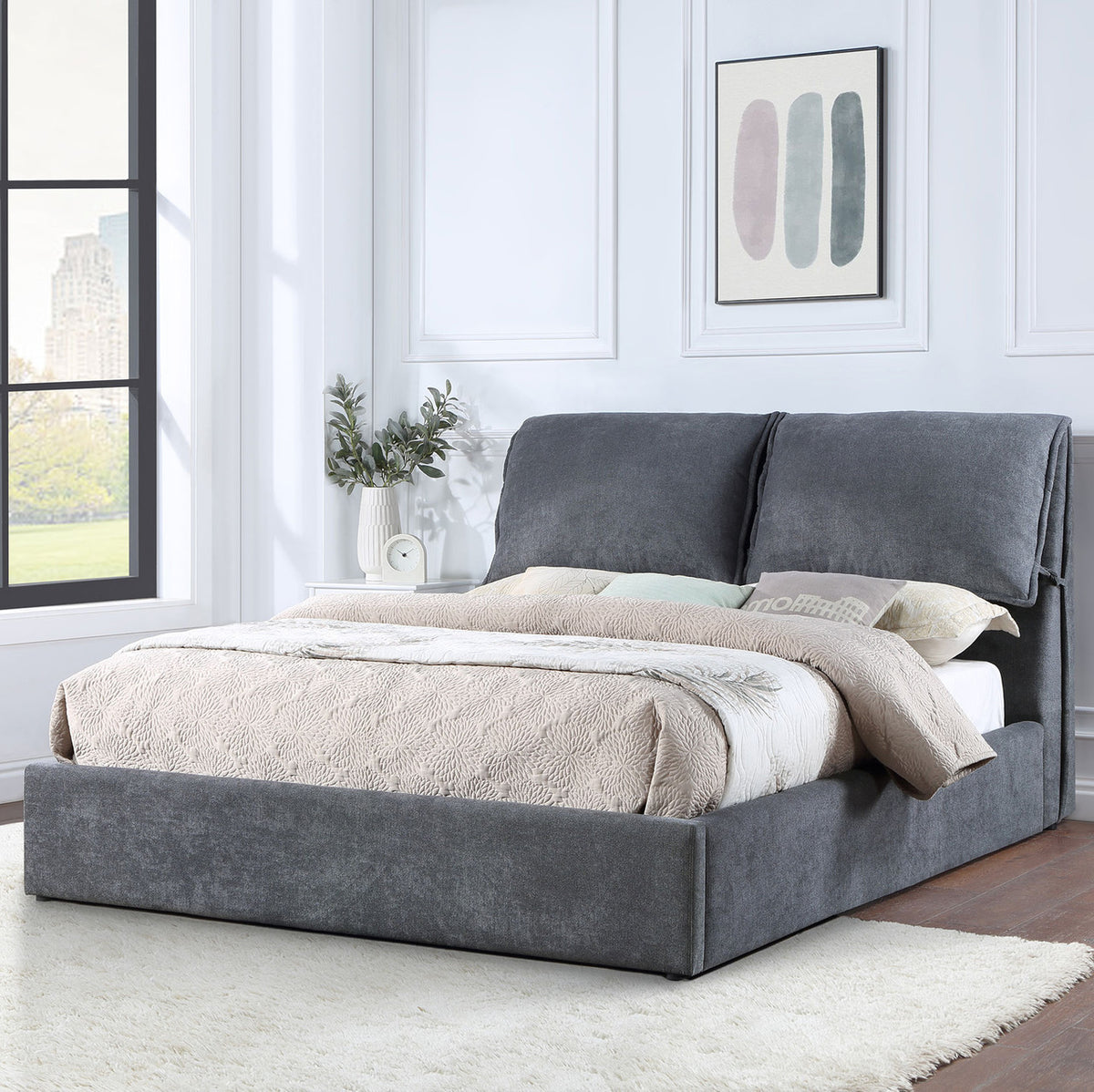 WISEMAN Gray Cloud Platform Bed with Pillow Headboard