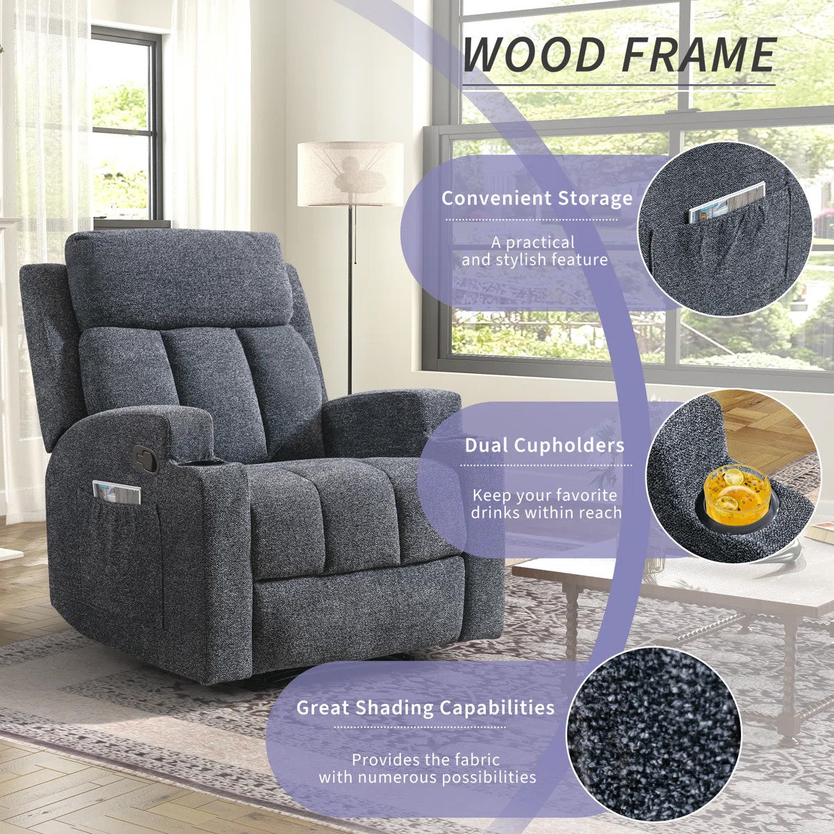 ZAIAM Dark Gray Linen 34" Wide x 42" Recliner with Vibration-Massage, Heating and Cupholders
