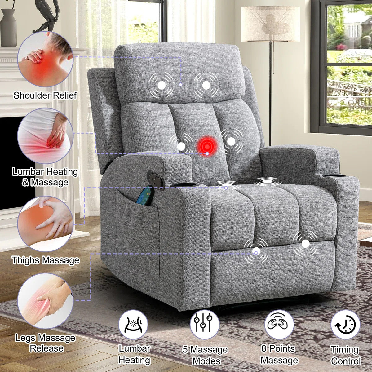 ZAIAM Light Gray Linen 34" Wide x 42" Recliner with Vibration-Massage, Heating and Cupholders