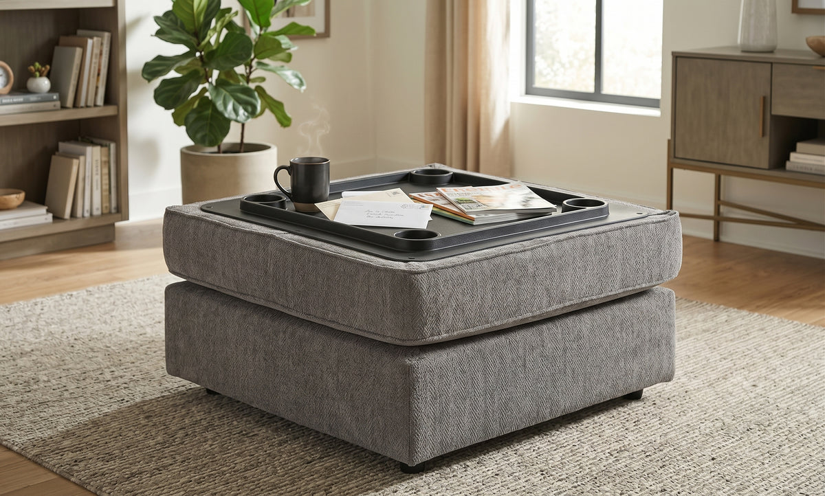 SONDRA Gray 37" x 37" Storage Ottoman with Cupholders