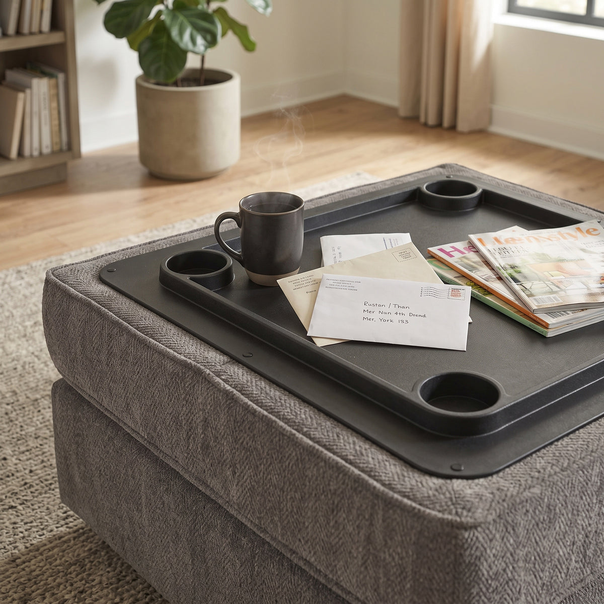 SONDRA Gray 37" x 37" Storage Ottoman with Cupholders