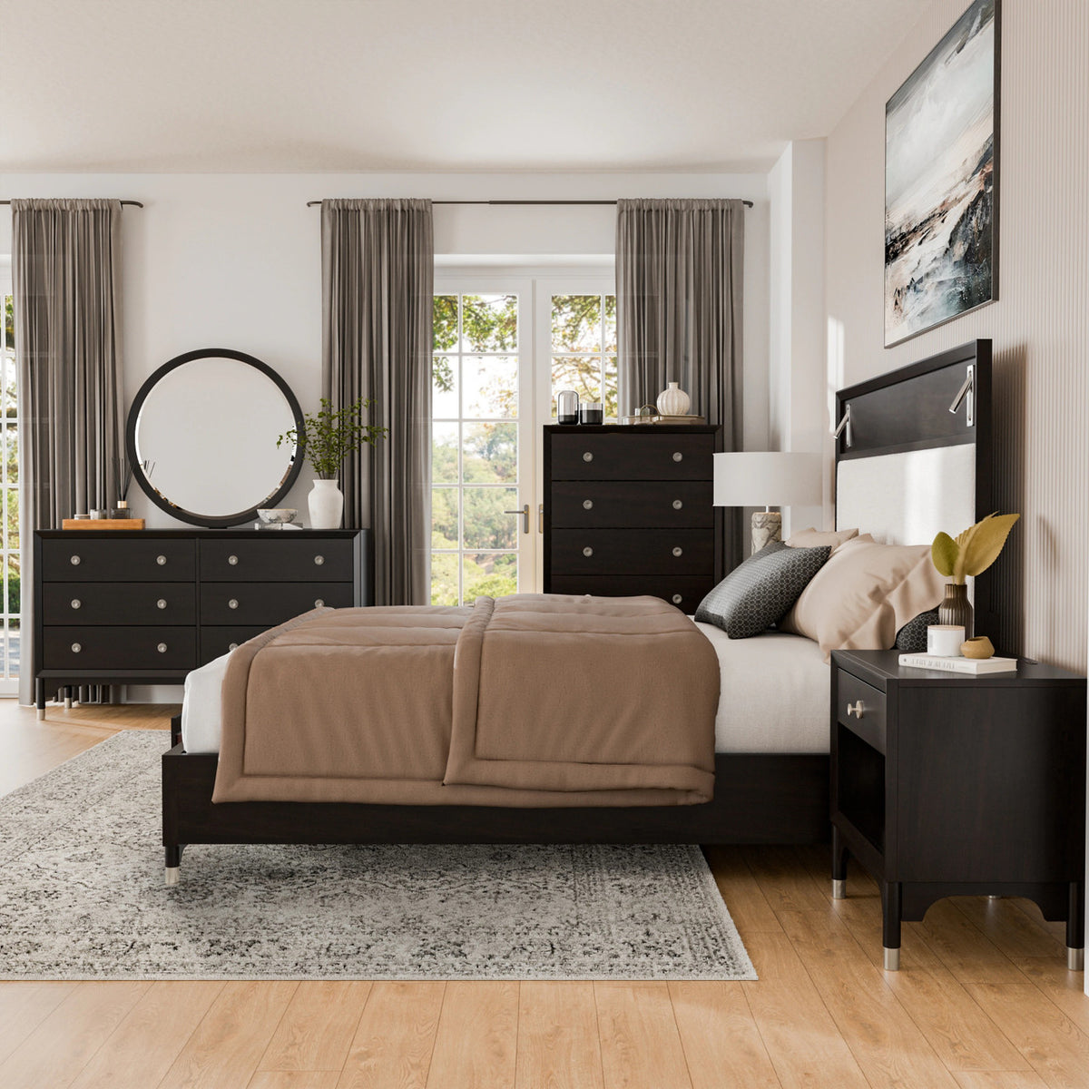 ZENDRO Black Bedroom Set with Fabric LED Bed