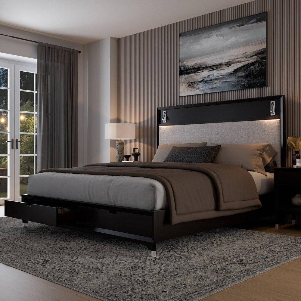 ZENDRO Black Bedroom Set with Fabric LED Bed