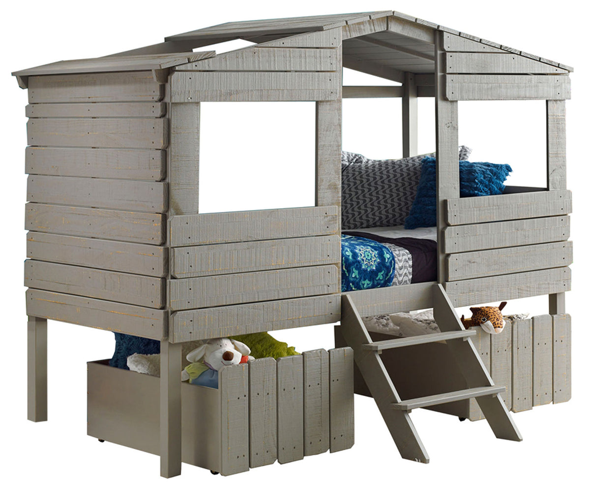 Bess Rustic Grey Tree House Loft Bed With Drawers