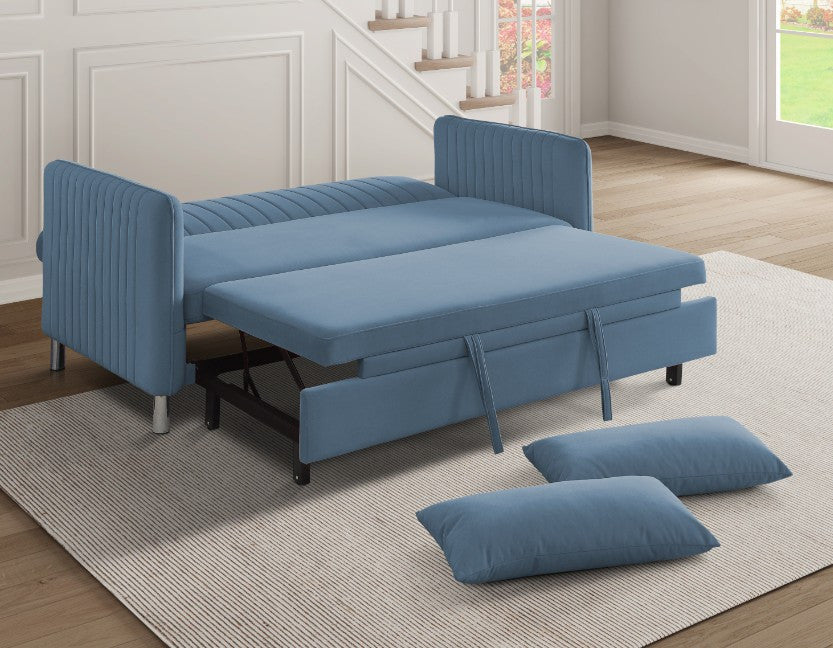 SUTTON Blue Fabric 72" Wide Pull-Out Sofa Sleeper