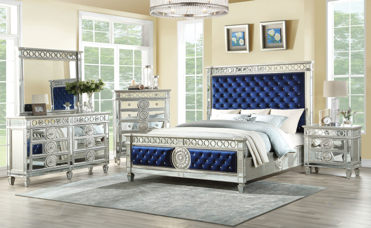 CLARATON Blue Fabric Bed With Mirrors Bedroom Set