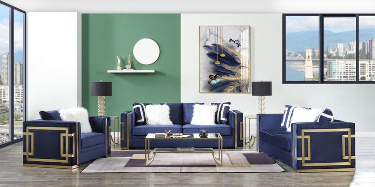 Virrux - Sofa With 6 Pillows - Blue Velvet & Gold