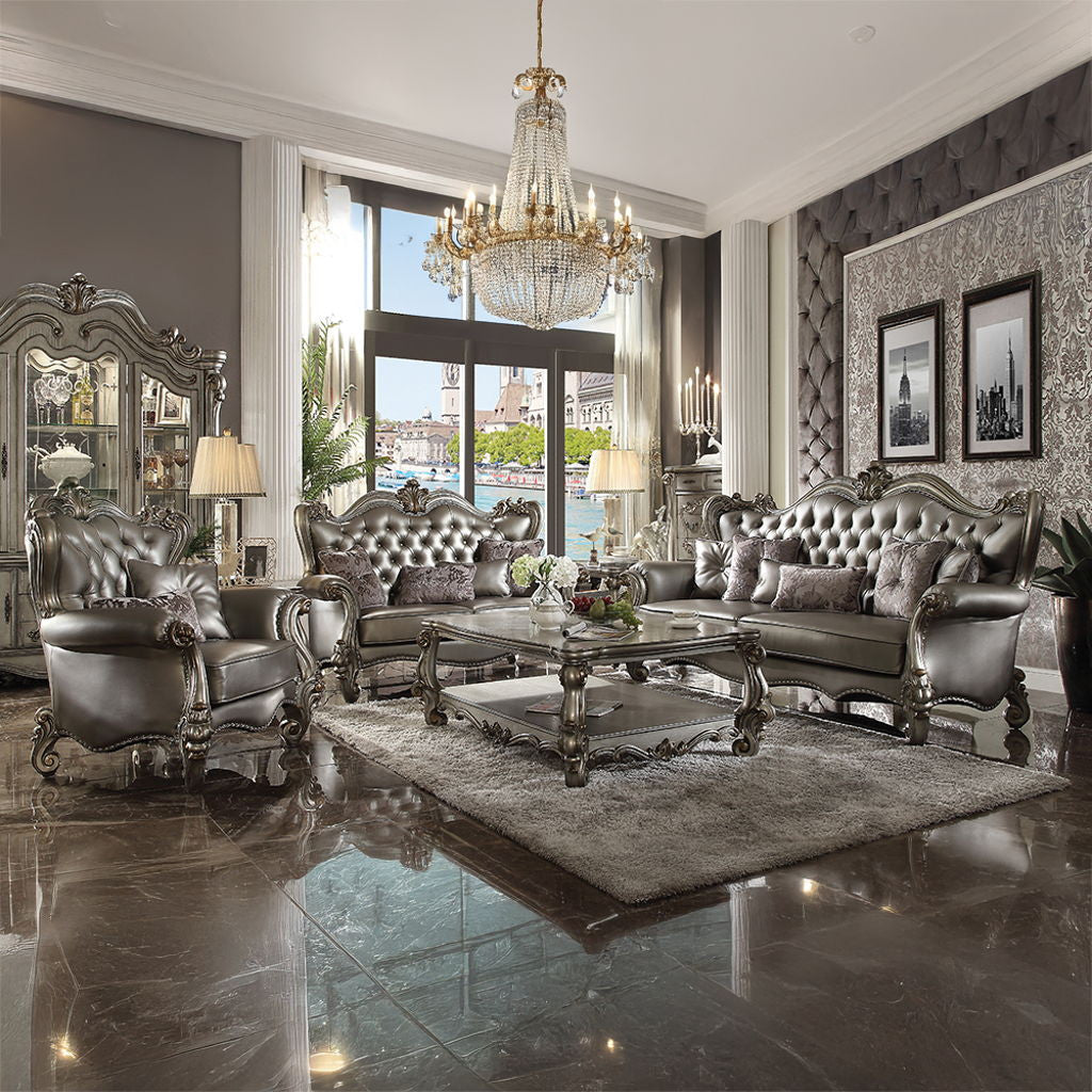 Versailles - Chair With 2 Pillows - Silver Synthetic Leather & Antique Platinum