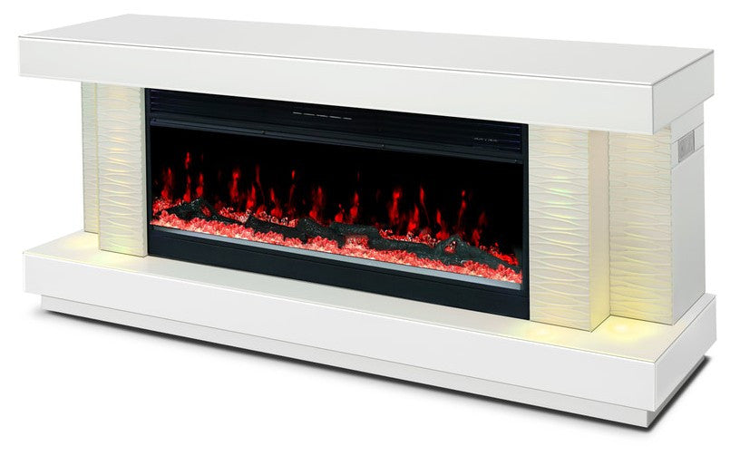 DINNA White 71" Wide x 28" Height TV Stand with Fireplace & Bluetooth Speakers