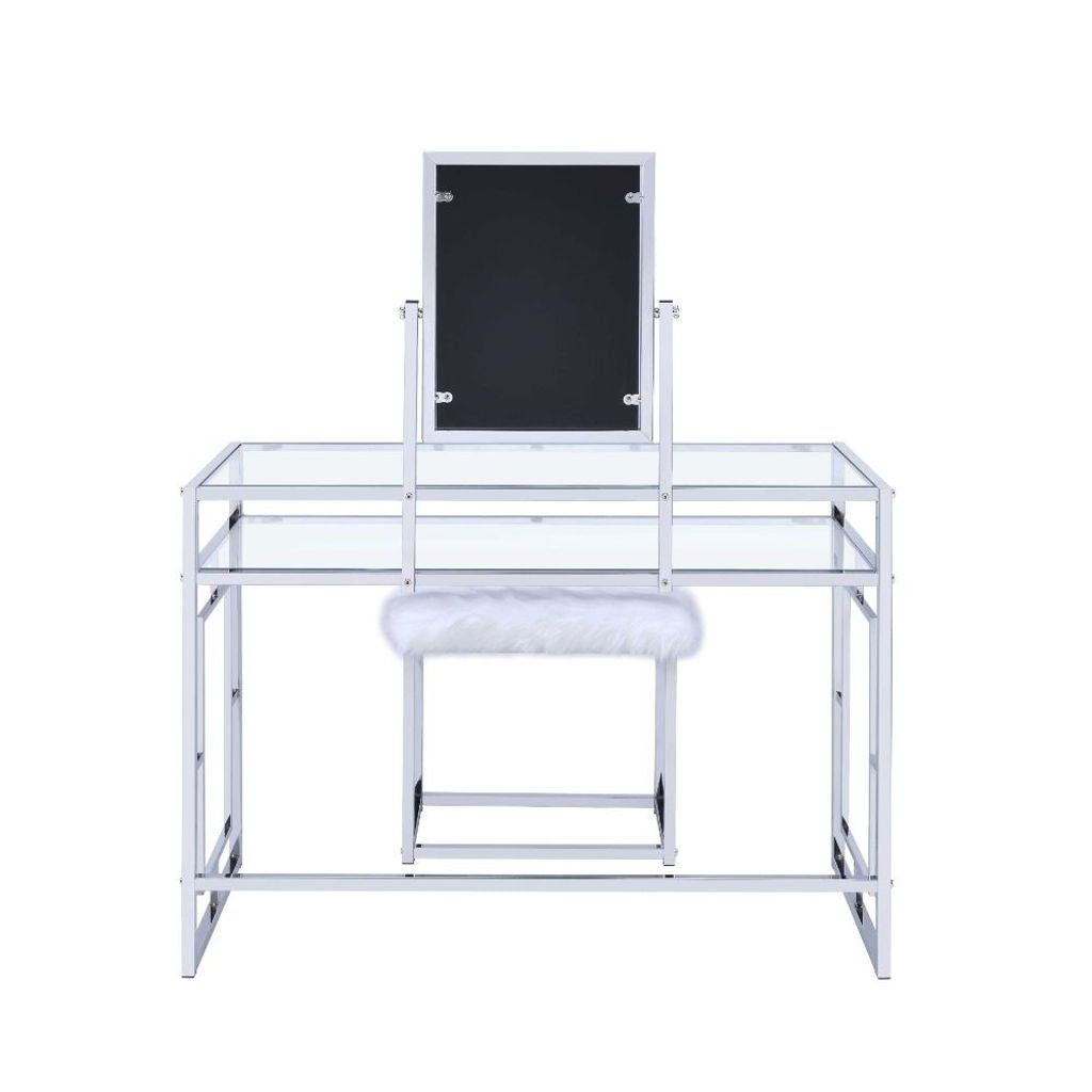 Carenze II - Vanity Set - White Faux Fur & Chrome